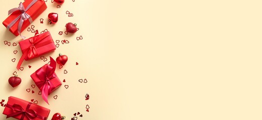 Composition with gift boxes and red hearts on beige background with space for text. Valentine's Day...