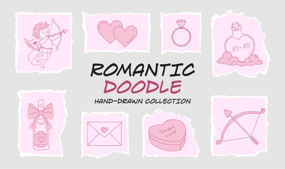 Hand-drawn doodle-style happy Valentine's Day set:hearts,Cupid,Cupid's arrow,love letter,gift,potion,cloud,bow,champagne bottle. Vector set with torn textures,cut-and-tear edges perfect for scrapbook.