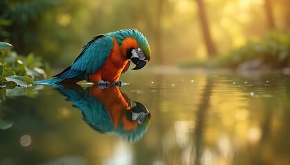 Colorful parrot drinks from calm pond. Its reflection is visible on water surface. Rich green foliage and yellow sunlight form background. Bird has blue and orange feathers.