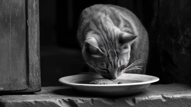 Cat waiting for his food, cat gazes longingly at its food dish
