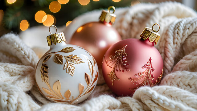 White, Pink, Rose Gold Ornaments on Knit Blanket, Warm Christmas Bokeh
