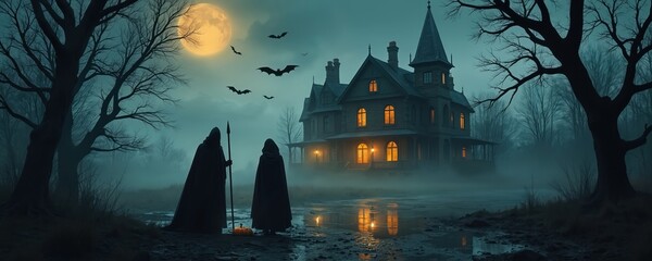 Spooky illustration of two figures in cloaks approaching a haunted house at night. Bats fly near the full moon. Halloween theme for flyers posters or tickets.
