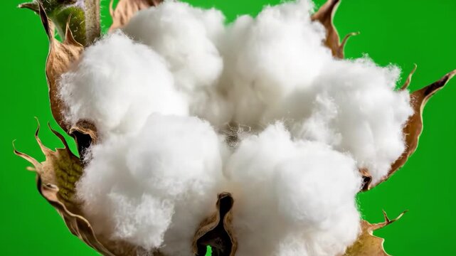 Time-lapse of a cotton boll opening and revealing its fluffy white fibers against a vibrant green background.