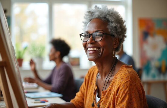Smiling senior black woman attends art class. She learns painting with others in a studio. Enjoying creative hobby, happy elderly female feels engaged in activity.