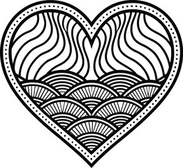 Fototapeta premium Detailed heart illustration with wavy lines and semicircles in black and white design style