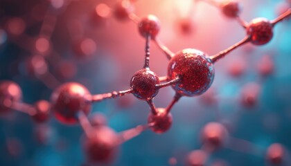 Abstract molecular structure shows red atoms connected by bonds. Vibrant scientific concept with glowing particles. Micro tech image represents biology, chemistry, data, medical research. Blue, red