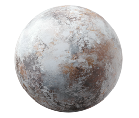 Round celestial body shows frosted, speckled surface details