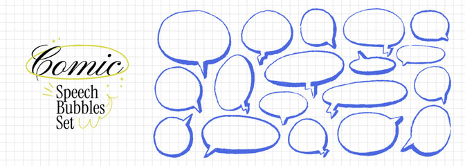 Comic blue speech bubbles set with crayon outlines. Rounded line shapes on grid paper. Vector dialogue pen text boxes. Childish empty ovals elements for text. Funky doodle silhouettes.