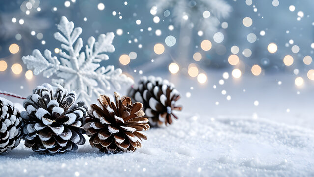 Frosted Pine Cones & Christmas Ornaments in Serene Winter Wonderland