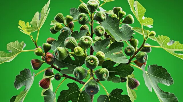 Time-lapse of a fig tree growing and ripening its fruits on a green background.