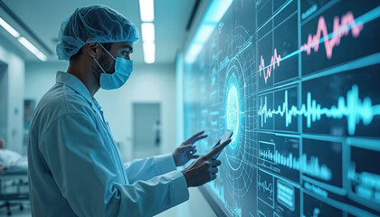 Doctor interacts with futuristic medical screen displaying complex data. Futuristic tech in hospital shows data analysis and patient vitals. Health care innovation uses advanced computer system.
