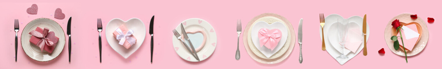 Collage of table settings for Valentine's Day on pink background