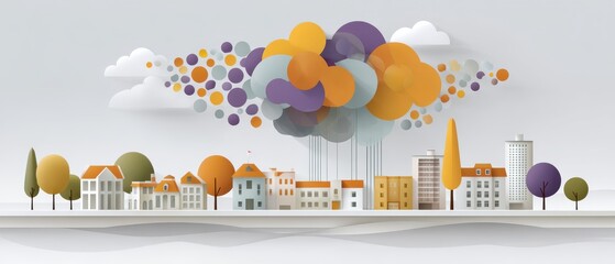 Cloud technology platform and analytics digital flat design illustration urban environment ai-driven cloud computing