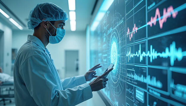 Doctor interacts with futuristic medical screen displaying complex data. Futuristic tech in hospital shows data analysis and patient vitals. Health care innovation uses advanced computer system.