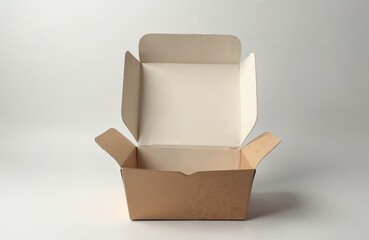 Opened brown cardboard takeout container with blank white interior for food items. Ideal for branding and packaging design mockups, presenting logos or custom graphics.