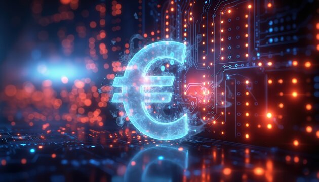 Digital Euro Symbol Illuminated in Futuristic Context