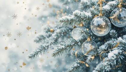 Elegant winter holiday background featuring a close-up of a frosted pine branch covered in snow, decorated with clear glass Christmas ornaments and gold ribbons. 