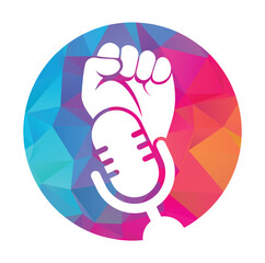 Fist podcast logo design vector illustration. Mic And fist logo concept design.