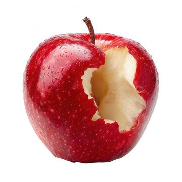 A glistening red apple with a bite taken out reveals its juicy white flesh