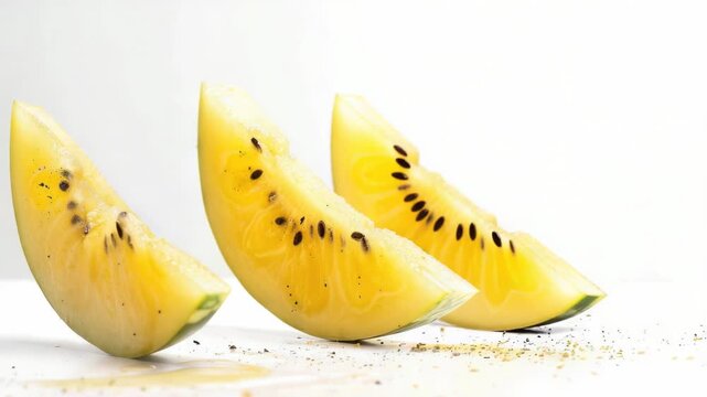 Video Fresh yellow melons with seeds on a clean white surface, perfect for food or still life compositions