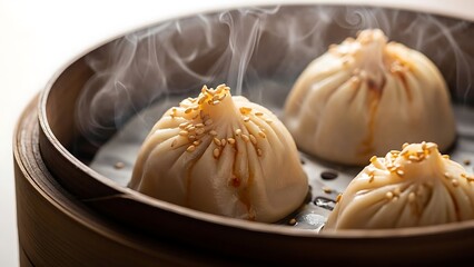 Steaming hot soup dumplings in a bamboo steamer basket