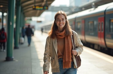 Obraz premium A cheerful young woman walks at a train station. She is smiling looking at camera. Person wears casual clothes and scarf. The photo conveys travel and journey concept.