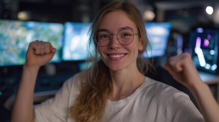 A livestreamer reacting joyfully as new subscriber alerts flash across multiple monitors, neon lights illuminating the gaming setup — streaming culture, subscriber hype, and real-time engagement.