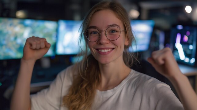 A livestreamer reacting joyfully as new subscriber alerts flash across multiple monitors, neon lights illuminating the gaming setup — streaming culture, subscriber hype, and real-time engagement.