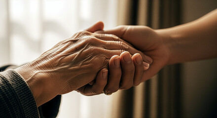 高齢者のシワのある両手が伝える感謝、介護・信頼・握手・絆・愛のメタファー