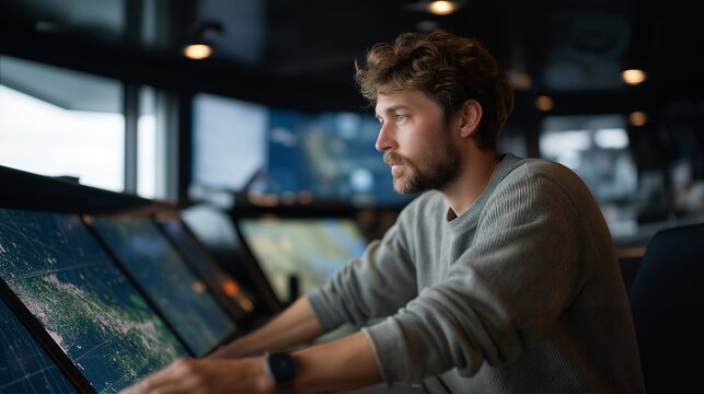 A marine navigation officer studying digital charts on the bridge, glowing radar screens tracking distant vessels across a busy shipping lane — maritime navigation, ocean safety systems, and