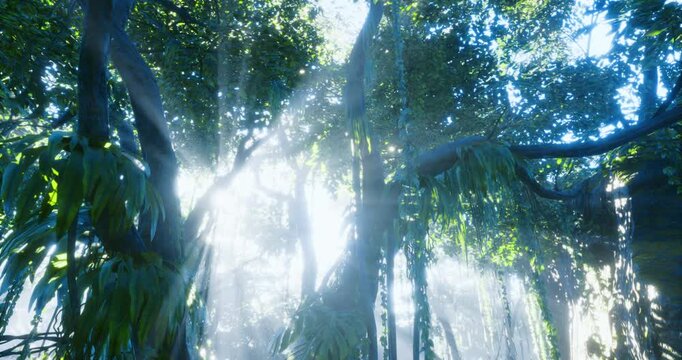 Sunlight streams through the vibrant green leaves of towering trees, creating a magical atmosphere in the dense forest. Mist hangs in the air, enhancing the serene beauty of nature.