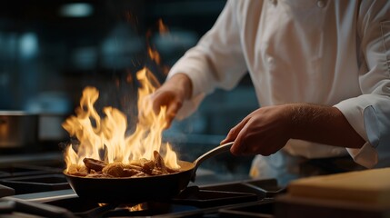 A chef racing against a kitchen timer in a culinary challenge, flames rising from a pan as ingredients fly across the cutting board — high-pressure creativity and competitive cooking energy.