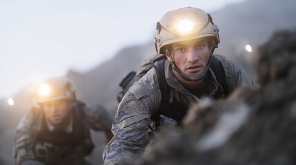 A search-and-rescue unit advancing through a collapsed building site, helmets lit with headlamps as they navigate dust-filled air — frontline disaster response, rescue precision, and coordinated