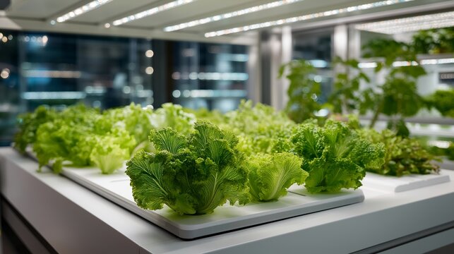 An automated greenhouse control center showing humidity, light cycles, and nutrient levels on a sleek tablet as plants thrive beneath LED arrays — smart agriculture, climate control, and - Powered by Adobe