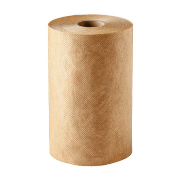 A roll of brown paper towels with a textured surface and a cardboard core stands against a black background