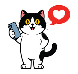 Obraz premium A happy cartoon cat holds a smartphone with a heart symbol in a speech bubble above its head.