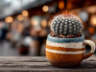 Close up of a cactus plant in a terracotta pot, blurred outdoor background 