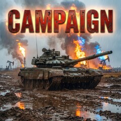Fototapeta premium Military Campaign Featuring Armored Tank in War Zone