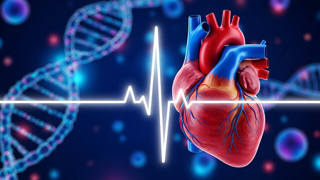 Red and blue human heart with electrocardiogram and D N A helix on dark blue background anatomy