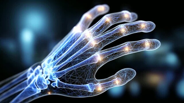Wireframe hand structure, blue white geometric, connections on black, network visualization display, digital anatomy concept, technological healthcare imagery, abstract medical rep