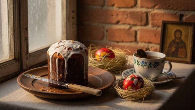 Easter cake with icing, painted eggs in nests, and tea on a windowsill with brick wall background.