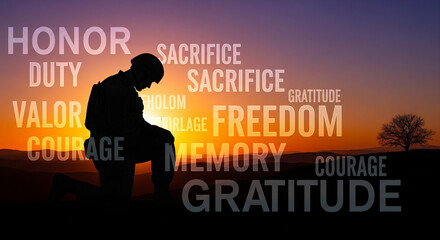 Honoring Sacrifice: Soldier Kneeling Against a Sunset Sky
A solemn and emotional silhouette image of a soldier kneeling in reverence against a dramatic, colorful sunset sky