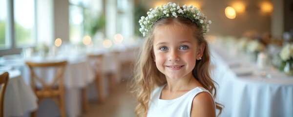 Young girl smiles at camera during First Holy Communion ceremony. The child wears a white dress and floral crown in restaurant. Celebration takes place in a bright elegant venue.