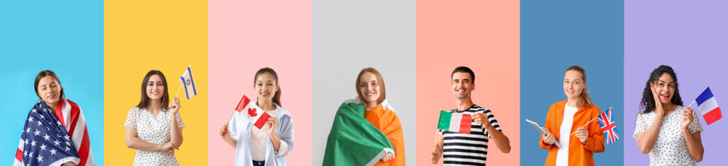Collage of people with different flags on color background