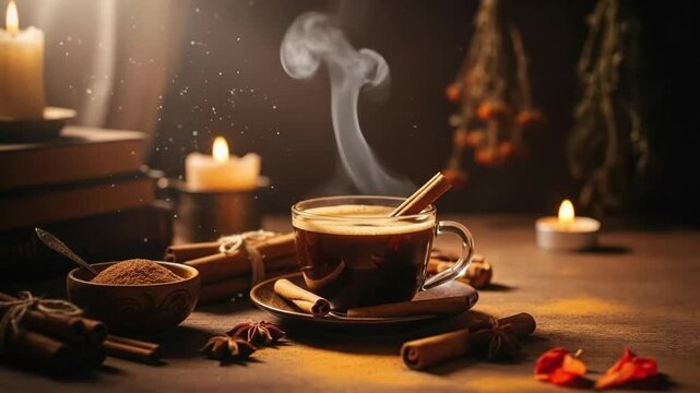 Womans hand with ornate rings reaching for a steaming cup of coffee with cinnamon. Mystical potion or comforting drink concept.