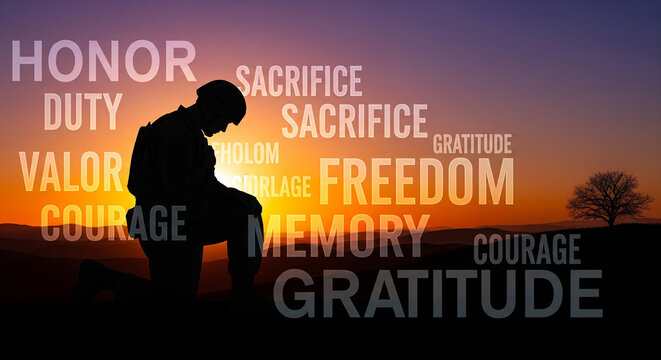 Honoring Sacrifice: Soldier Kneeling Against a Sunset Sky
A solemn and emotional silhouette image of a soldier kneeling in reverence against a dramatic, colorful sunset sky