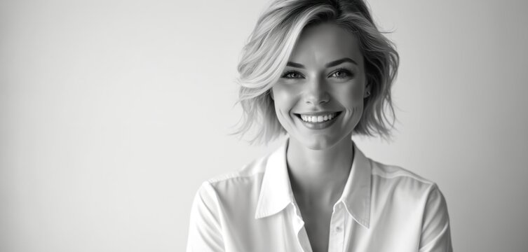 Black and white portrait of a woman smiling gently. She wears a classic white collared shirt, hair styled softly. Clean background for versatile use, professional and chic.