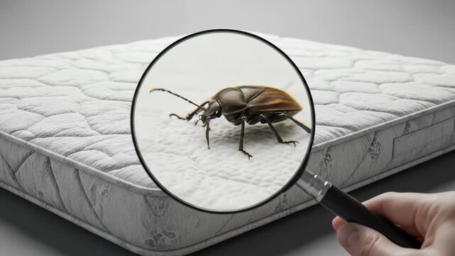 Hand holding magnifying glass over mattress inspecting an insect on its surface. Pest control concept and hygiene.