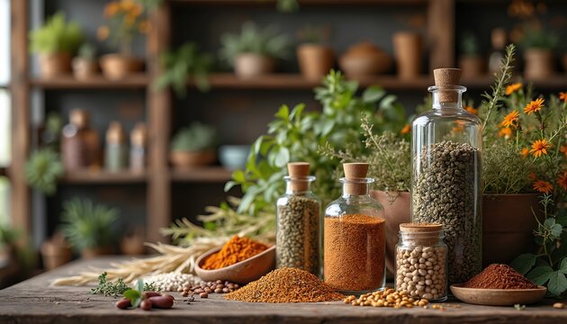 Illustration of herbal apothecary concept shows dried herbs spices flowers in vintage pharmacy. Organic alternative medicine. Glass jars with various ingredients on wooden table.