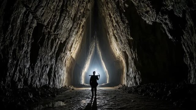 Man explorer silhouette walking in a dark cave with pickaxe. Concept of adventure and discovery.